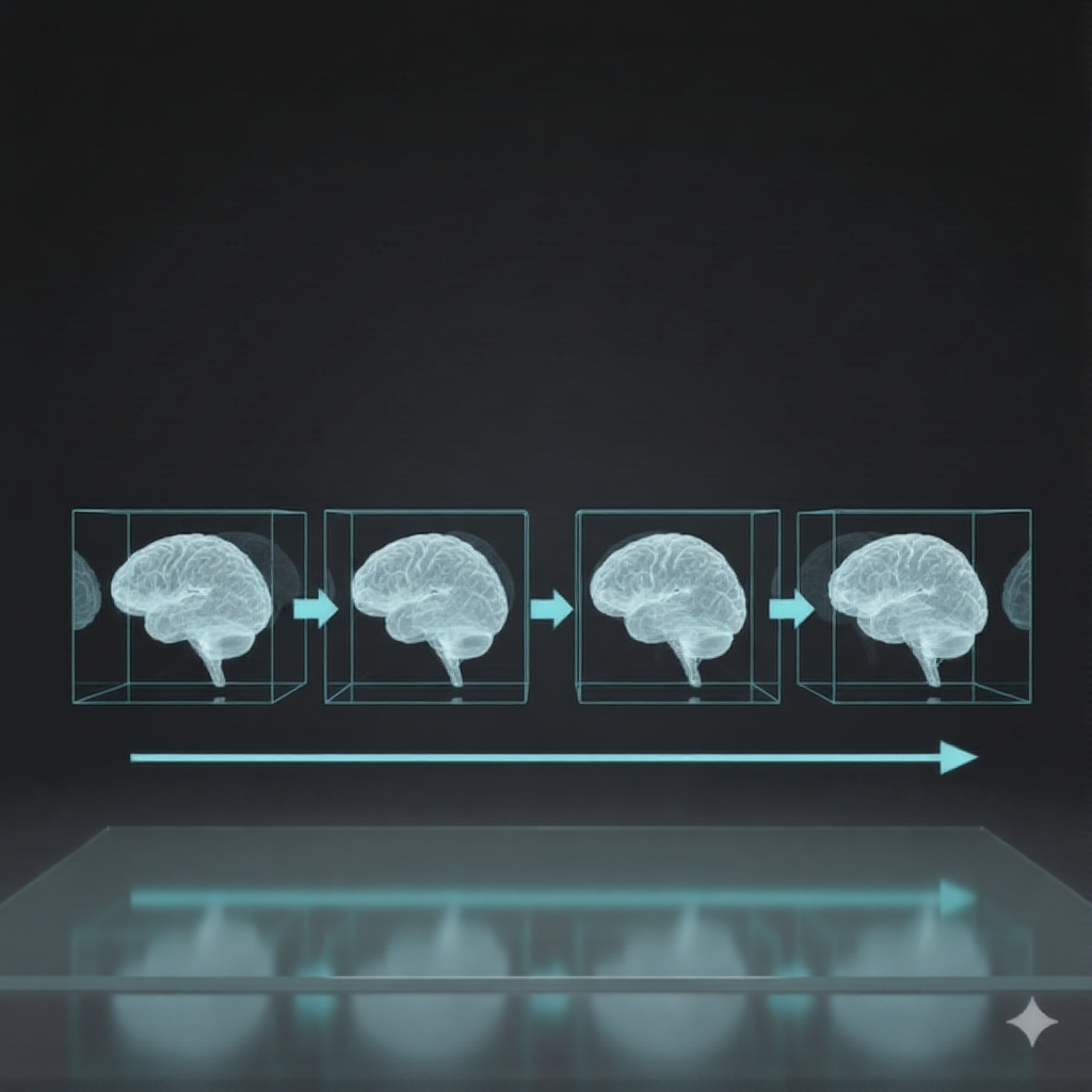 An illustration titled “4D MRI Data: Time Series (fMRI)” showing a horizontal sequence of four identical translucent blue brains, each composed of voxels within a transparent cube. An arrow labeled “TIME AXIS (4th Dimension)” connects the cubes, indicating the progression from “Time 1” to “Time 4” to represent a time series of 3D MRI volumes.