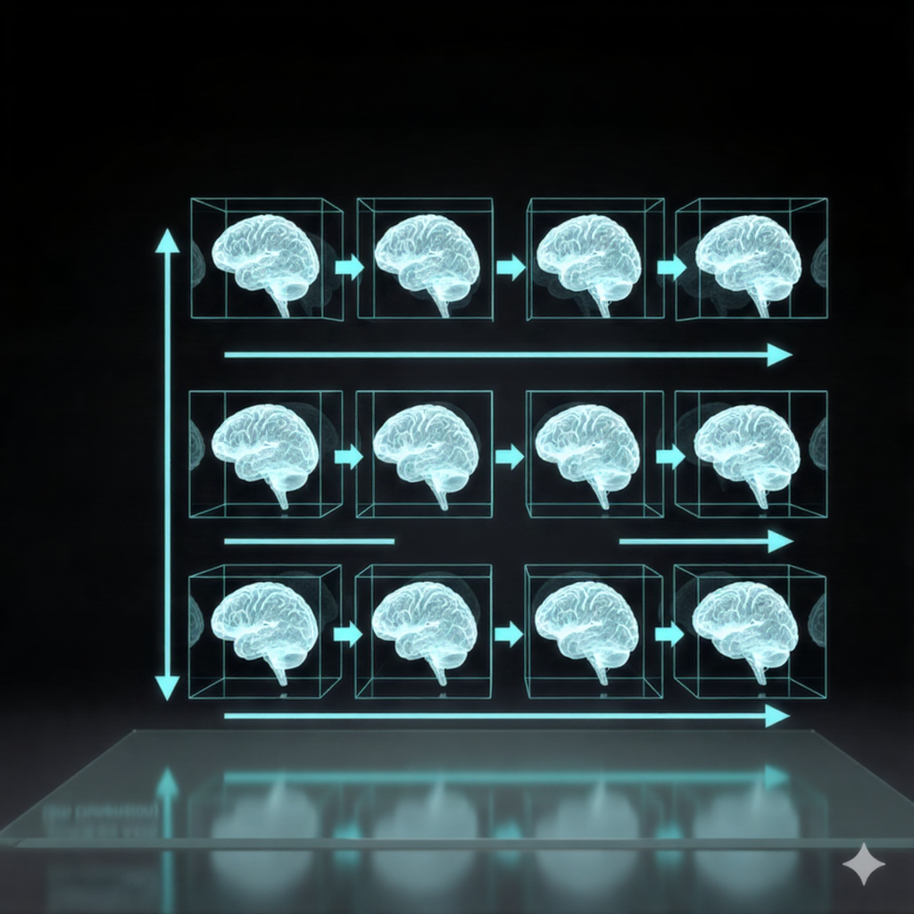 An illustration titled “5D MRI Data: Multi-Subject Time Series” showing a vertical stack of three rows. Each row represents a different Subject (the 5th dimension) and consists of a horizontal line of four translucent blue brain cubes (composed of voxels). Arrows connect the cubes within each row, representing the progression of Time (the 4th dimension). This arrangement visualizes 5 dimensions: X, Y, Z (spatial), Time, and Subject.