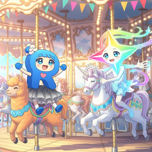A whimsical, anime-style drawing of anthropomorphized R-logo and Gemini logo characters riding a merry-go-round. The R-logo character, a blue and gray figure, is on a carousel alpaca, while the Gemini logo character, a colorful star-shaped figure, is on a unicorn. They are both smiling and appear to be having fun.
