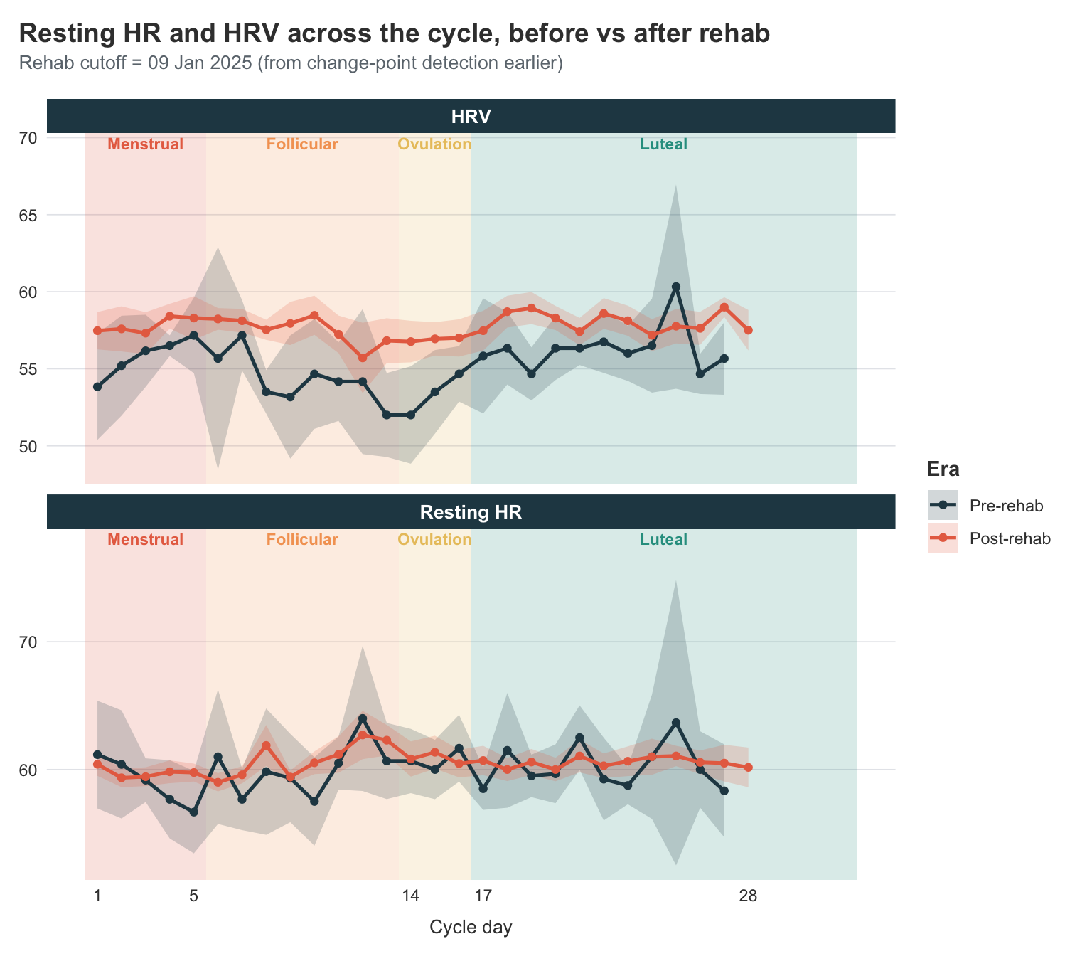 Resting HR and HRV by cycle day, split into pre- and post-rehab eras. Post-rehab HRV sits clearly higher and flatter; post-rehab resting HR sits clearly lower. The cyclical pattern is most pronounced in pre-rehab HRV.